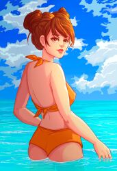 1girls ass ass ass_focus bathing bikini bikini_bottom bikini_top boruto:_naruto_next_generations breasts brown_eyes brown_hair female female_focus female_only hair_buns hi_res high_resolution highres light-skinned_female light_skin lips lipstick makeup naruto naruto_(series) naskothefrog ocean orange_bikini orange_bikini_bottom orange_bikini_top orange_panties orange_swimsuit pale-skinned_female pale_skin panties petite pink_lips pink_lipstick pinup pose posing presenting_ass presenting_butt shounen_jump small_breasts solo solo_female solo_focus standing swimming swimsuit tenten tied_hair water