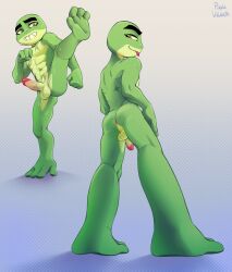 absurd_res amphibian anthro anus ass balls bodily_fluids bullfrog_(captain_laserhawk) erection frog genitals hi_res male nude penis perineum purplevelbeth sweat