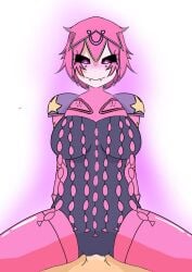 big_thighs blush cowgirl_position pink_aura pink_eyes pink_hair rule_63 sex short_hair smile snow_ruv teeth tusk_(jjba) white_background