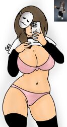 big_breasts black_stockings brown_hair chez-arts covered_eyes female iphone masked_female pink_bikini pink_bra pink_panties request roblox roblox_avatar semi_nude thick thick_thighs