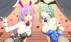 2girls armpits big_breasts blush bunny_ears bunny_girl bunnysuit cleavage duo embarrassed female female_only fishnets green_hair heart kemonomimi kyanta5354 long_hair looking_at_viewer purple_hair rabbit_humanoid reisen_udongein_inaba sanae_kochiya smile touhou