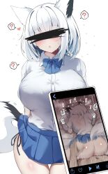 1boy 1girls 2023 ? animal_ears doggy_style eyes_covered fox_ears fox_girl fox_tail hi_res hololive hololive_gamers hololive_gen_1 hololive_japan hugging_pillow juxtaposition kemonomimi kokihanada light-skinned_female light_skin long_hair phone pillow pillow_grab school_uniform shirakami_fubuki short_skirt simple_background skirt tail vaginal_penetration virtual_youtuber vtuber white_hair