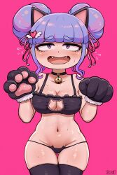 1girls blush breasts brikot cat_keyhole_bra cat_lingerie embarrassed female light-skinned_female light_skin long_hair midriff navel nervous original original_character paw_gloves purple_hair