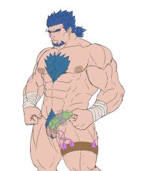 1boy absurdres bandaid bandaids_on_nipples bara blue_hair blush bucchigiri?! clenched_hands completely_nude condom condom_on_penis excessive_pubic_hair facial_hair facing_ahead feet_out_of_frame flat_color forked_eyebrows goatee highres kenchiro_douman large_pectorals low_ponytail male_focus male_only male_pubic_hair mature_male minatsumi muscular muscular_male navel nude pasties pectorals penis pubic_hair shaded_face short_hair short_ponytail solo spiked_hair standing thick_chest_hair thick_eyebrows thighs trembling twitching_penis vibrator_in_thigh_strap