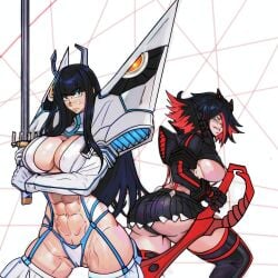 big_ass big_breasts cameltoe freckles junketsu kill_la_kill kiryuuin_satsuki master_dcj matoi_ryuuko muscles muscular muscular_female revealing_clothes senketsu sisters tagme thighs