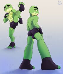 absurd_res amphibian anthro ass bodily_fluids bulge bullfrog_(captain_laserhawk) clothing fingerless_gloves footwear frog gloves handwear hi_res male purplevelbeth sweat underwear