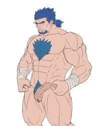 1boy absurdres bara blue_hair bucchigiri?! clenched_hands completely_nude erection facial_hair facing_ahead feet_out_of_frame flat_color foreskin forked_eyebrows goatee highres kenchiro_douman large_pectorals low_ponytail male_focus male_only male_pubic_hair mature_male minatsumi muscular muscular_male navel nipples nude pectorals penis pubic_hair shaded_face short_hair short_ponytail solo spiked_hair standing thick_chest_hair thick_eyebrows thighs trembling