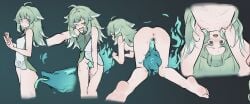 1girls ahoge all_fours animal_ears anus ass bare_arms barefoot blush bottomless chernyyvo closed_eyes closed_mouth completely_nude cunnilingus feet female female_only fox_ears green_eyes green_hair green_shirt highres honkai:_star_rail honkai_(series) huohuo_(honkai:_star_rail) long_hair mr_tail_(honkai:_star_rail) nipples nude open_mouth oral pussy shirt simple_background sleeveless sleeveless_shirt soles tail_(honkai:_star_rail) tongue tongue_out two-tone_shirt white_shirt