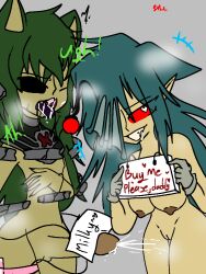 1boy anglerfish anglerfish_humanoid big_breasts black_sclera bracelets breath coughing cumming exposed female green_hair grinning hot_breath ken'o_(sonic.exe) prostitution puke red_sclera rings shocked_expression sign sonic.exe_(series) tongue_out vibrator_on_penis zetsubo_(sonic.exe)