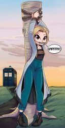 1girls artist_request big_eyes blonde_hair bondage brown_eyes clothed doctor_who english_text female female_only full_body gagged hands_tied hi_res restrained solo solo_female sonic_screwdriver speech_bubble tardis text the_doctor thirteenth_doctor