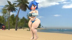 3d beach big_breasts bikini blue_eyes blue_hair blush covering_self female female_focus ironhawk mario mario_(series) smg4 source_filmmaker tari_(smg4) thick_thighs wide_hips