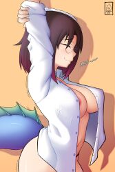 almost_naked alternate_version_at_source alternate_version_available areolae arms_up belly big_breasts breasts dragon_girl dragon_horns dragon_humanoid dragon_tail elma_(dragon_maid) glasses hi_res kobayashi-san_chi_no_maidragon konanexe miss_kobayashi's_dragon_maid motion_lines nipple_bulge nipples partially_clothed shirt short_hair stretching waking_up