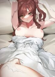 absurdres armpits arms_up au_ra bare_shoulders bed blush breasts breasts_out brown_hair clothes_pull cowboy_shot cyobiro dragon_girl dragon_horns dress dress_pull female final_fantasy final_fantasy_xiv hair_ribbon highres horns looking_at_viewer lying medium_breasts nipples on_back on_bed parted_bangs parted_lips pillow ribbon scales sidelocks solo twintails warrior_of_light_(ff14) white_dress yellow_eyes