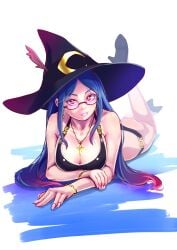 ass atatatamu bikini black_bikini blue_hair bra breasts cleavage earrings glasses hat high_heels jewerely large_breasts lips little_witch_academia long_hair looking_at_viewer lying milf red_eyes swimsuit thong ursula_callistis witch witch_hat