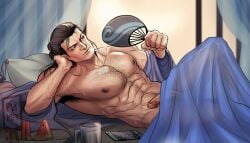 1boy abs absurdres armpit_hair armpit_peek bara bed_sheet bi-han elbow_rest erection feet_out_of_frame from_side handheld_fan highres knee_up large_pectorals male_focus male_only mature_male mortal_kombat mortal_kombat_(series) mortal_kombat_1_(2023) muscular muscular_male naked_sheet navel navel_hair netherrealm_studios nipples on_bed paid_reward_available pectorals penis see-through_silhouette solo sparse_chest_hair stomach sub-zero sweat tazahan thick_eyebrows uncensored very_sweaty watching_television wewe_gombelle