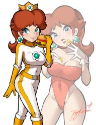 1girls alternate_costume bodysuit breasts cheese clothing eating elbow_gloves eyes female female_focus female_only food gloves hamburger human jpeg looking_at_viewer mario_(series) mario_kart nintendo open_eyes princess_daisy signature smile solo standing tomato yamino_ekakinin