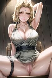 1girls ai_generated arm_behind_head arm_up armpits bare_shoulders black_sash blonde_hair blush bottomless breasts brown_eyes cleavage closed_mouth collarbone edosynf facial_mark female female_only forehead_mark grey_kimono highres japanese_clothes large_breasts looking_at_viewer low_twintails naruto naruto_(series) naruto_shippuuden no_panties pussy sash sitting smile solo spread_legs thigh_strap thighs tsunade twintails uncensored