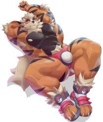 2023 abs ankle_tuft anthro arcanine arm_above_head arm_tuft armpit_hair black_body black_fur body_hair bulge canid canine claws cldmkr clothed clothing elbow_tuft finger_claws footwear fur generation_1_pokemon hair hi_res jockstrap jockstrap_only leg_tuft male male_only mammal mane multicolored_body multicolored_fur muscular_thighs nintendo nipples obliques orange_body orange_eyes orange_fur pawpads pecs pokemon pokemon_(species) pubes red_clothing red_footwear red_jockstrap red_shoes red_underwear shoes simple_background solo stretching striped_body striped_fur stripes tan_hair toe_claws toeless_footwear toeless_shoes topless tuft two_tone_body two_tone_fur underwear underwear_only white_background