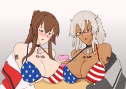 1boy 2girls american_flag_bikini artificial_vagina barcode barcode_tattoo bikini_top blush breasts brown_eyes brown_hair choker cleavage collaborative_handjob dark-skinned_female dark_skin ffm_threesome flag_print glasses grey_hair handjob handjob_w/sex_toy huge_breasts kantai_collection light-skinned_female light-skinned_male light_skin looking_at_viewer male_pov musashi_(kantai_collection) name_tag nose_blush pov sex_toy swimsuit tattoo threesome uowsaoussi yamato_(kantai_collection)