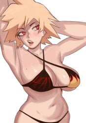 1girls arm_up big_breasts bikini bikini_bottom bikini_top black_bikini blonde_hair blush bottomwear breasts cleavage female female_only hair hand_behind_head huge_breasts kaimecha lips mature mature_female mature_woman milf mitsuki_bakugou mole mole_on_breast mother my_hero_academia red_eyes solo solo_female swimwear thick_lips topwear