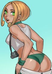 1girls armwear ass big_ass blonde_hair bottomwear breasts camera female female_only game_freak green_eyes green_panties hair kaimecha looking_back panties pants pants_down pokemon pokemon_xy solo solo_female tank_top topwear viola_(pokemon) white_tank_top