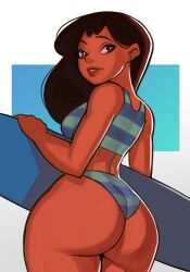 1girls ass big_ass big_lips blue_swimsuit bottomwear breasts brown_eyes brown_hair dark-skinned_female dark_skin dat_ass female female_only hair hips huge_ass kaimecha lilo_and_stitch lips long_hair looking_back nani_pelekai solo solo_female striped_swimsuit surfboard swimsuit swimwear thick_lips topwear