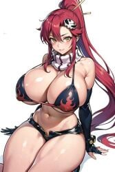 ai_generated bikini exposed_breasts freelandx hips huge_breasts looking_at_viewer navel ponytail red_hair smile tengen_toppa_gurren_lagann voluptuous white_background yellow_eyes yoko_littner