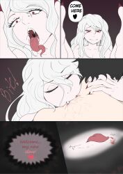 1boy 1girls bite biting fangs female heart long_fingernails long_hair long_nails long_tongue male oiddra open_mouth overlord_(maruyama) pale-skinned_female pale_skin red_eyes red_nail_polish shalltear_bloodfallen sharp_teeth unseen_male_face vampire vampire_girl white_hair