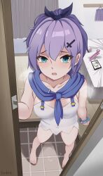 @_@ absurdres after_masturbation aqua_eyes armpit_crease azur_lane black_bow blue_eyes blush bottomless bow bracelet breasts chaye_mo checkered_clothes checkered_skirt commander_(azur_lane) commentary_request cross_hair_ornament dildo dutch_angle embarrassed female from_above full_body hair_ornament hairbow heavy_breathing highres indoors javelin_(azur_lane) jewelry looking_at_viewer medium_breasts medium_hair open_mouth opening_door portrait_(object) pov purple_hair pussy_juice sex_toy shirt signature skirt solo standing vibrator wavy_mouth white_shirt