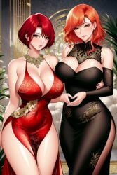 2girls ai_generated asian_clothing bare_legs bare_shoulders belly_button_visible_through_clothing big_breasts black_clothing black_dress blush boob_window breasts chinese_clothes chinese_dress cleavage clothed clothed_female clothing commentary_request curvaceous curvy earrings elegant elegant_dress female female_focus female_only ginger ginger_hair hand_on_hip hourglass_figure huge_breasts jewelry lace lia_the_busty_redhead long_gloves long_hair looking_at_viewer orange_hair original original_character pantyhose red_clothing red_dress red_hair seductive seductive_look seductive_smile self_upload short_hair skimpy skimpy_clothes skimpy_dress tagme thick_thighs thighs tight_clothes tight_clothing tight_fit traditional_clothes voluptuous voluptuous_female