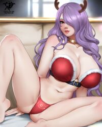 1girls antlers arm_support artist_name backlighting bare_shoulders barefoot belt belt_buckle bra breasts buckle camilla_(fire_emblem) choker christmas cleavage collarbone female fingernails fire_emblem fire_emblem_fates fur-trimmed_bra fur_trim gold_choker hair_over_one_eye huge_breasts kaos_art leaning_to_the_side light-skinned_female light_skin long_hair navel nintendo panties patreon_username purple_eyes purple_hair red_bra red_panties reindeer_antlers sitting solo spread_legs stomach thick_thighs thighs underwear very_long_hair wide_hips