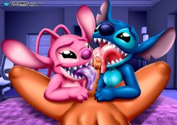 1girls 2boys alien angel_(lilo_and_stitch) anthro bbmbbf bisexual bisexual_male diamond_level disney female human human_on_anthro licking licking_penis lilo_and_stitch male male/female male/male nude open_mouth oral oral_sex palcomix penis pietros_secret_club sex stitch tongue tongue_out