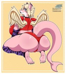 2023 anthro big_tail blazkenzxy blonde_hair blue_eyes clothing cosplay digital_drawing_(artwork) digital_media_(artwork) ear_piercing feet female fish five_nights_at_freddy's five_nights_at_freddy's:_security_breach hi_res huge_breasts huge_butt lipstick looking_back marine piercing pink_body presenting presenting_hindquarters roxanne_wolf_(cosplay) scottgames shark signature simple_background solo spiked_collar tan_body tight_clothing two_tone_body wings