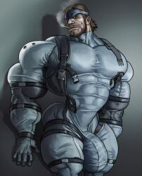 1boy balls bara beard big_bulge big_muscles big_penis bodysuit bulge cigarette facial_hair flaccid gay headband human male male_only metal_gear_solid muscles muscular penis remert solid_snake solo solo_male