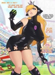 1girls bent_over big_breasts black_clothing black_latex blonde_hair blue_eyes crown detailed_background dialogue english_text female female_only hi_res latex latex_clothing latex_dress latex_gloves long_hair looking_at_viewer luxurias mario_(series) mario_tennis nintendo offscreen_character solo stadium sweat tennis tennis_ball tennis_racket wapeach