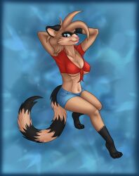 1girls 2d anthro blue_eyes breasts clothed_variant color female female_only furry imaginaryhangover jean_shorts midriff pinup shaded shorts skimpy tied_shirt tongue_out zaphal_(alhedgehog) zivit_(alhedgehog)