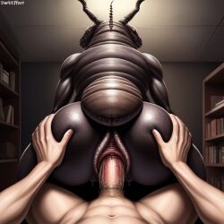 1boy 1girls ai_generated bookshelf bug cloaca cloaca_juice cloacal_penetration darkeffect female indoors interspecies male monster nightmare_fuel penetration unusual_anatomy