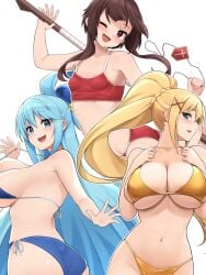 3girls aqua_(konosuba) ass big_breasts bikini blonde_hair blue_eyes blue_hair blush breasts brown_hair bursting_breasts darkness_(konosuba) female female_only huge_breasts jampen kono_subarashii_sekai_ni_shukufuku_wo! large_breasts megumin multiple_girls red_eyes sideboob skindentation small_breasts swimwear