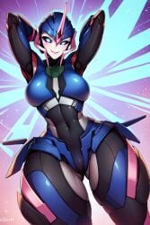 ai_generated arcee arcee_(prime) armpits arms_above_head big_breasts blue_eyes fully_clothed happy midriff pixai robot_girl thick thick_thighs transformers transformers_prime