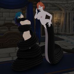 2girls 3d apode bedroom blender_(software) blender_eevee blue_hair bound breasts byleth_(fire_emblem) byleth_(fire_emblem)_(female) coiling coiling_another draconcopode elitedog female female_only femdom femsub fire_emblem fire_emblem:_three_houses hair highres human indoors intelligent_systems kronya_(fire_emblem) lamia large_breasts laugh legless multiple_girls nintendo nipples nude orange_hair red_eyes reptile restrained scalie serpentine snake split_form yuri