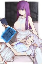 2girls bangs book breast_size_difference elf elf_ears elf_female female female_only fern_(sousou_no_frieren) frieren green_eyes hi_res long_hair lying lying_on_back purple_eyes purple_hair reading_book sitting small_breasts smug sousou_no_frieren white_hair x_e11e