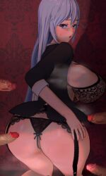 akinama_family_(noir-black-shooter) ass censored female koikatsu milf no_underwear noir-black-shooter oc open_clothes original original_character purple_eyes shiho_akinama_(noir-black-shooter) silver_hair white_hair