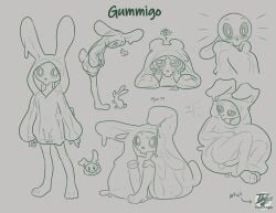 big_ears black_sclera clothing colored_lines cute_expression duskdragyn genitals goo_creature green_clothing green_eyes guide_lines gummigo hoodie hybrid lagomorph leporid lines_drawn male mammal model_sheet non-human penis rabbit skinny solo topwear young