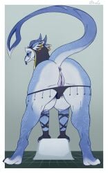 anthro anus areola ass big_butt biped blue_body breasts clothed clothing eyelashes female genitals goolee hi_res looking_at_viewer looking_back looking_back_at_viewer nipples panties panties_down partially_clothed pupils pussy scalie solo underwear underwear_down