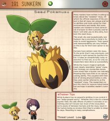 :3 blonde_hair creature_index english_text female female_focus fully_clothed generation_2_pokemon hi_res kimono kinkymation page_191 page_number plant_girl pokedex pokemon pokemusu pokephilia profile sunkern text_box yellow_skin