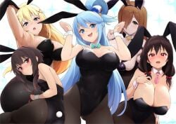 5girls amber_eyes aqua_(konosuba) armpits big_breasts blonde_hair blue_eyes blue_hair blush breasts brown_hair bunnysuit cleavage darkness_(konosuba) female female_only huge_breasts jampen kono_subarashii_sekai_ni_shukufuku_wo! large_breasts megumin multiple_girls red_eyes small_breasts wiz_(konosuba) yunyun_(konosuba)