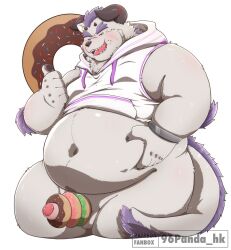 1boy 96panda anthro balls behemoth_(tokyo_afterschool_summoners) belly blush bottomless clothed clothing dessert doughnut erection food foreskin frosting fur genitals hi_res hoodie lifewonders male male_only monster overweight penis solo solo_male sprinkles tokyo_afterschool_summoners topwear white_body white_fur