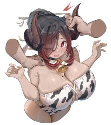 1girls big_breasts black_hair ciel_ushi commission cow_horns cow_print cowbell disembodied_hands draph draph_race_(granblue_fantasy) eyes_visible_through_hair female female_only gie granblue_fantasy hand_on_shoulder heart-shaped_pupils hi_res highlights_(coloring) horn_grab horns looking_at_viewer mole mole_on_breast one_eye_half-closed open_mouth pointy_ears red_eyes red_highlights shocked shocked_expression tied_hair topwear white_background