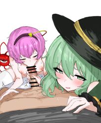 1boy 2girls :>= absurdres bar_censor black_headwear blush breasts censored closed_eyes commentary_request fellatio ffm_threesome green_eyes group_sex hat hat_ribbon heart highres koishi_komeiji komeiji_koishi komeiji_satori kumiyabe looking_at_viewer medium_breasts multiple_girls nipples open_mouth oral penis pink_hair pov ribbon satori_komeiji short_hair siblings simple_background sisters straight textless_version third_eye threesome touhou white_background