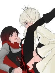 2girls blue_eyes multiple_girls red_hair ruby_rose rwby silver_eyes tuemei weiss_schnee white_hair yuri